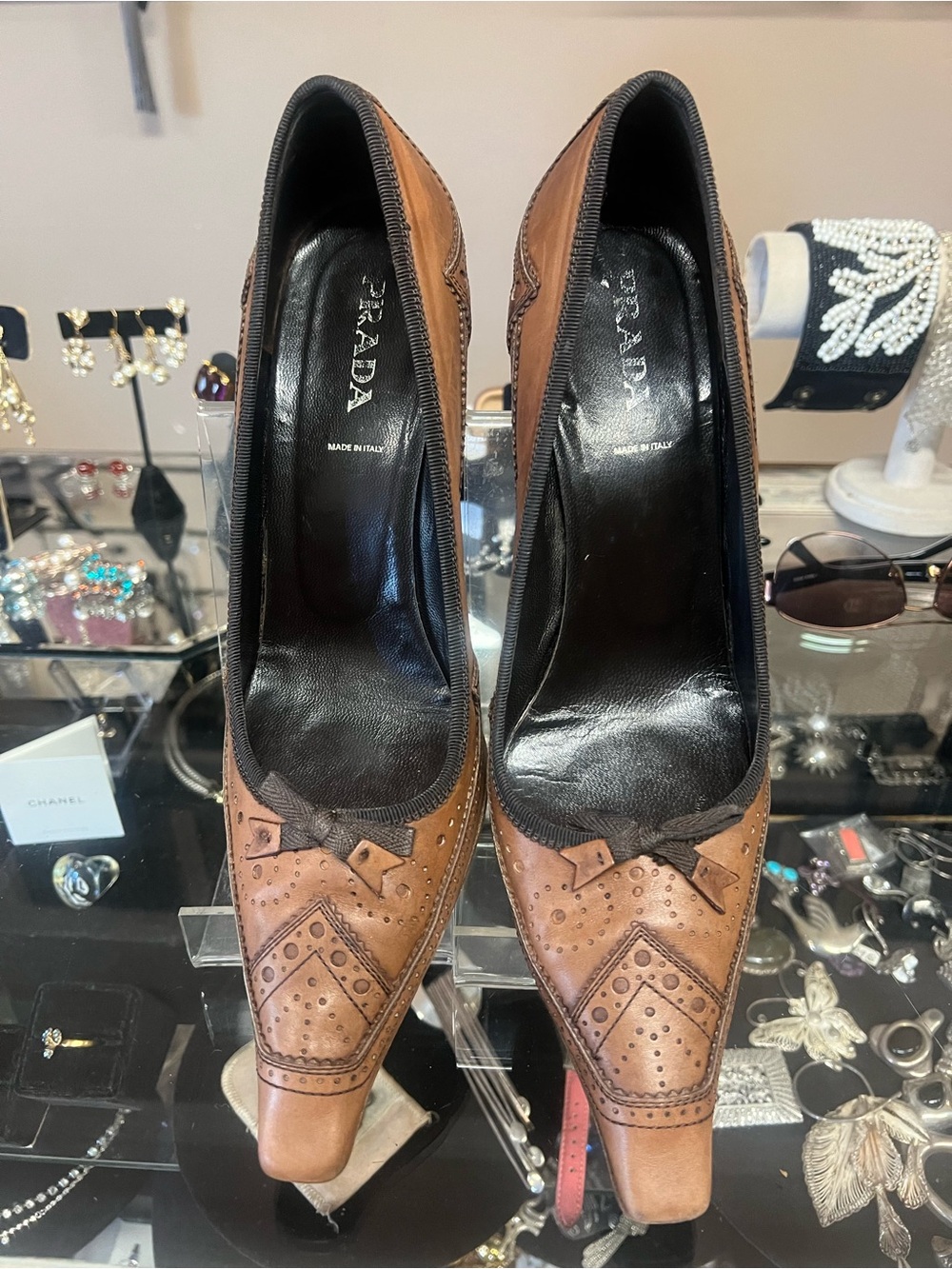 Prada Tan Leather Pointed Toe Pumps with Bow Detail